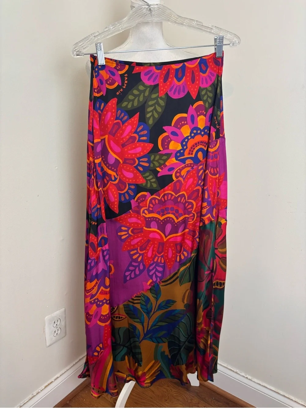 Farm Rio Anthropology Bold Floral Satin Maxi Skirt Size XS NWT